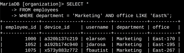 A screenshot of an SQL query to filter for employee machines from employees in the Marketing department in the East building.